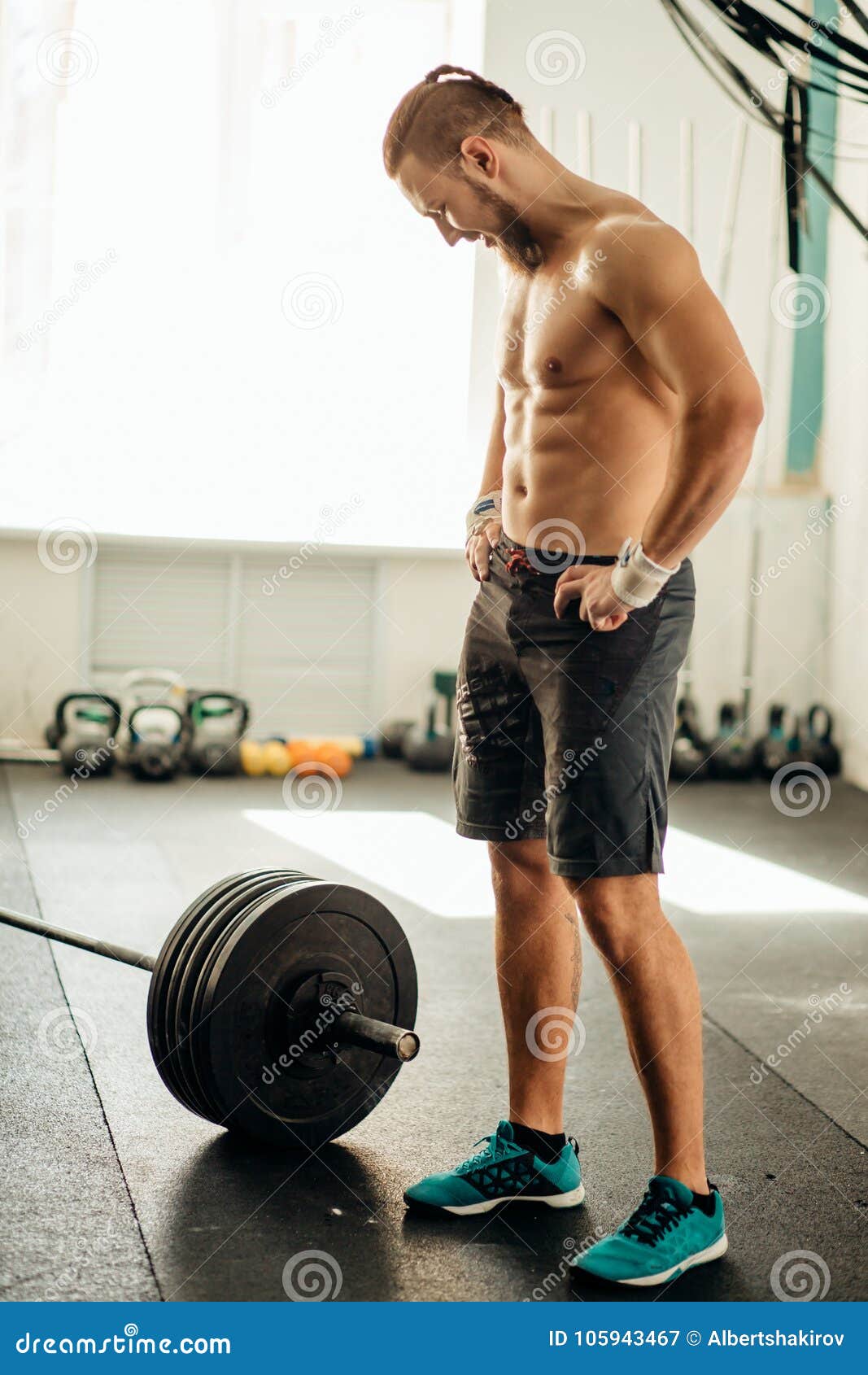 Full Body Portrait Of Tired Sporty Male After Workouts On ...