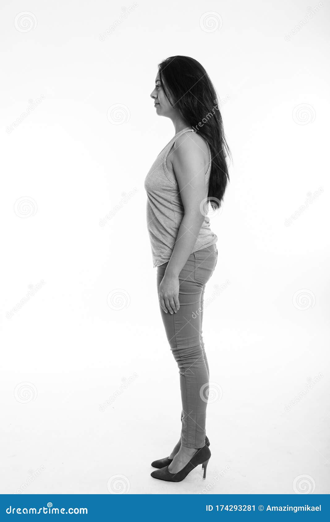 Full Body Shot Profile View Of Beautiful Woman Standing Against White