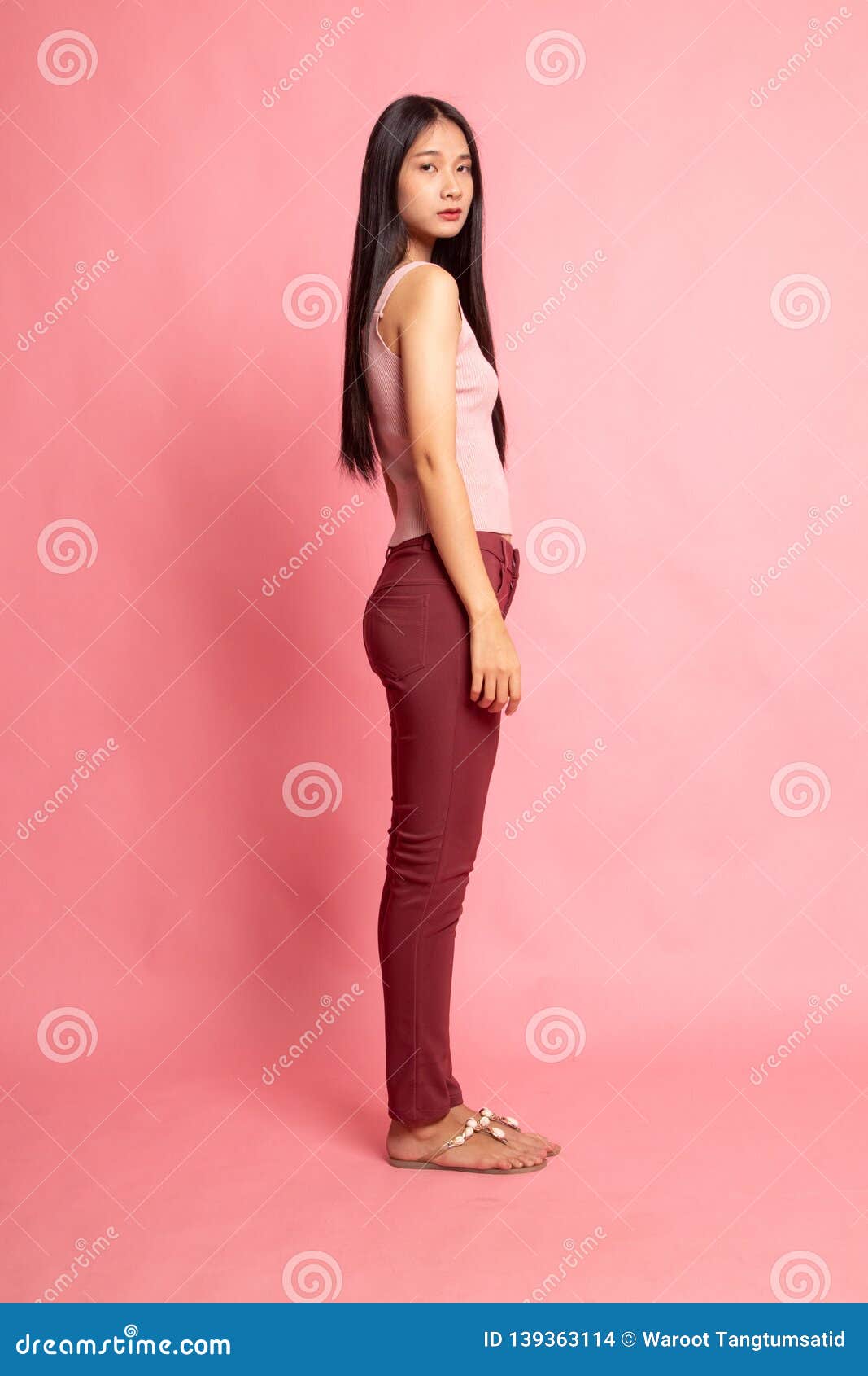 Full Body Side View Of Beautiful Young Asian Woman Stock Photo Image