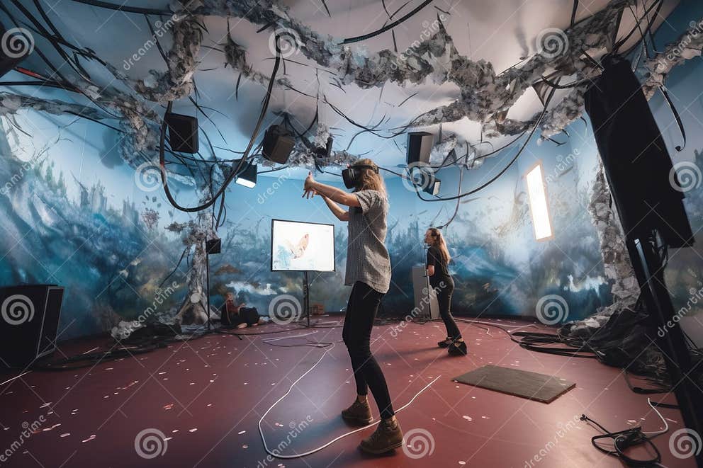 Fullbody Virtual Reality Experience, with Participants Exploring Different Worlds and