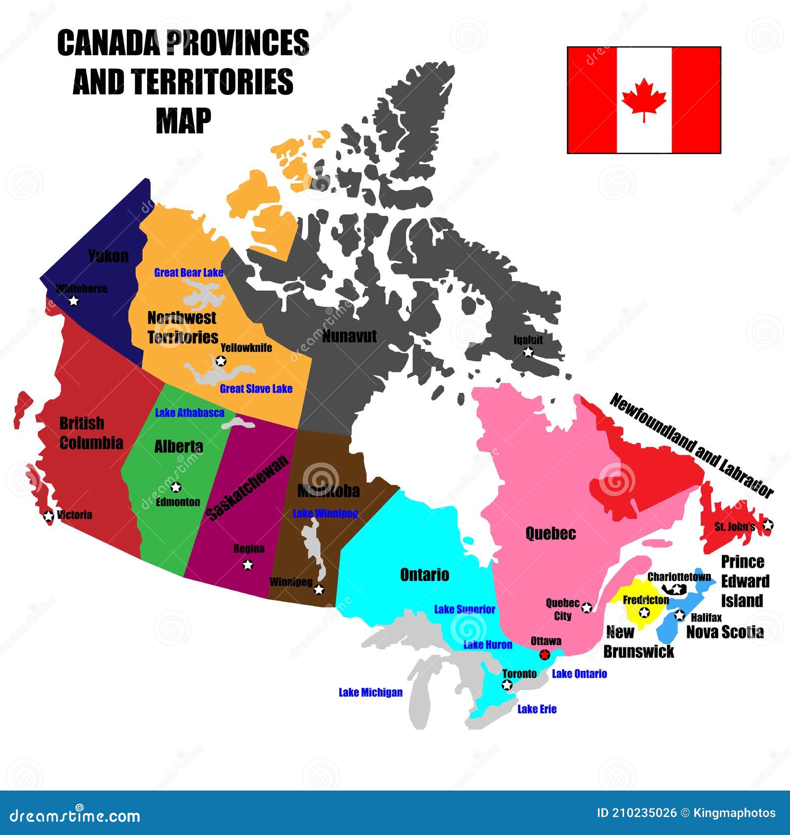 Full Canada Vector Map of Provinces, Territories and Capitals in Bright