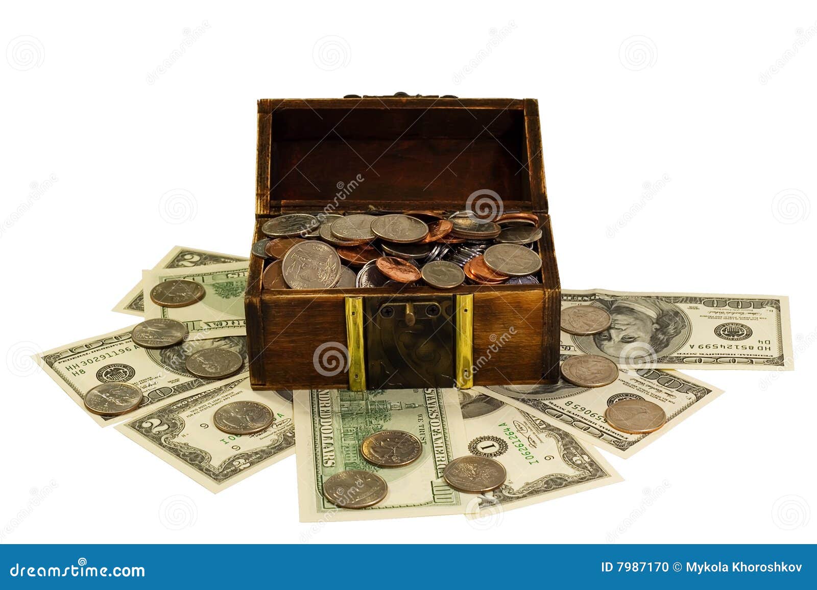 Full of Coins and Dollars Chest Isolated on White Stock Photo Image