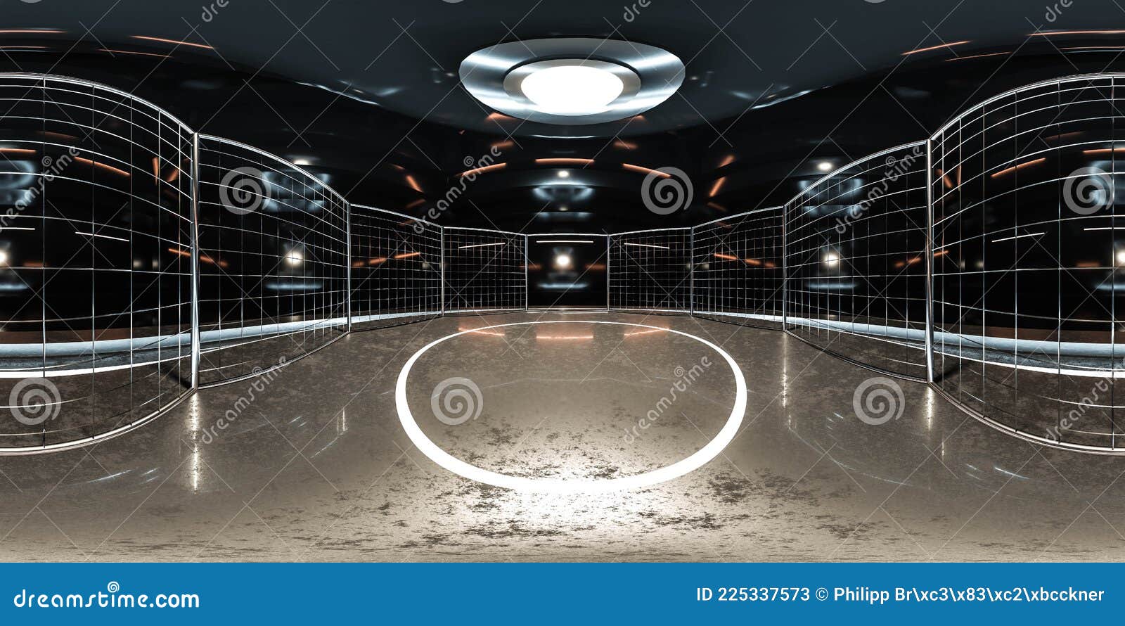 Full 360 Degree Panorama Virtual Environment Map of Mma Cage in Industrial Hall 3d Render Illustration Hdri Hdr Vr Style Stock Illustration