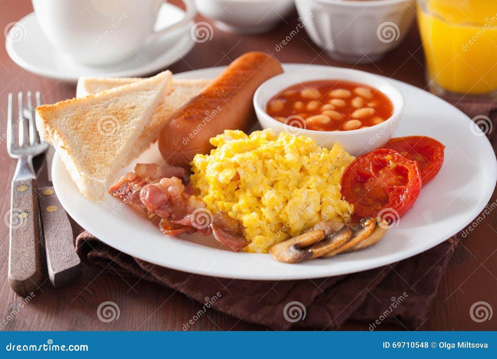 Full English Breakfast with Scrambled Eggs, Bacon, Sausage, Bean Stock