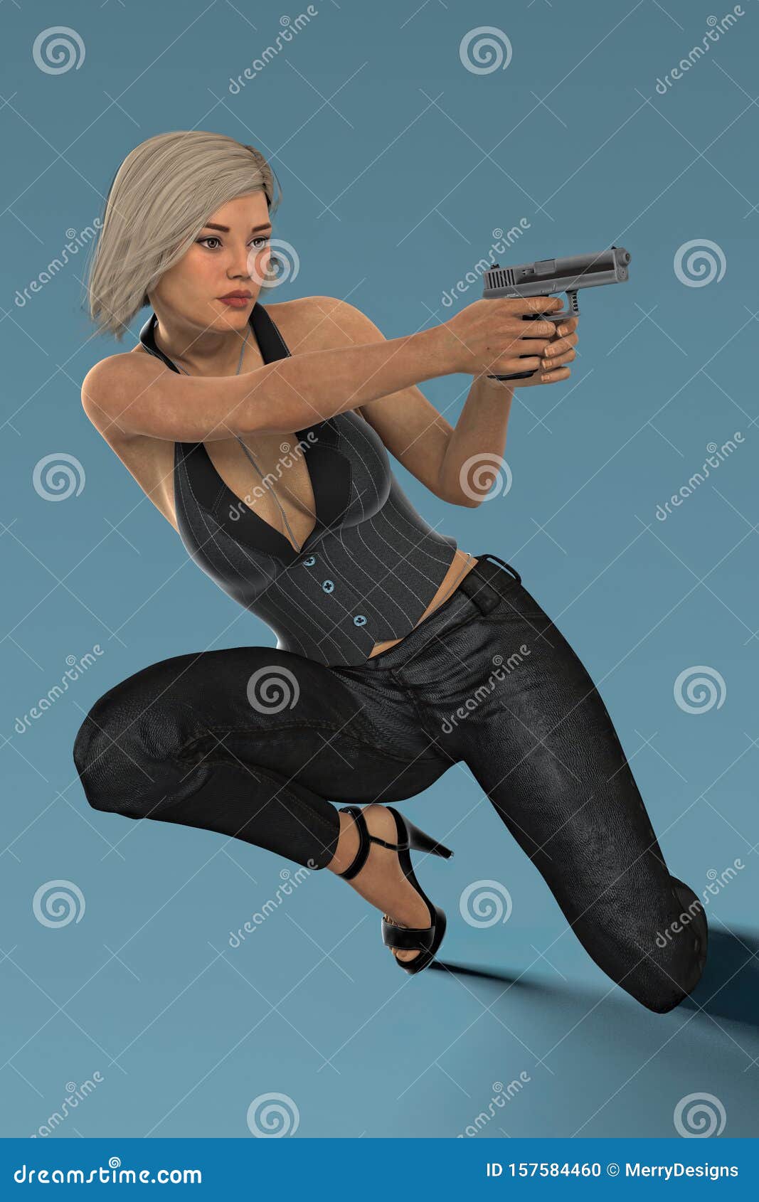 Dynamic pose of an anime girl holding a gun on Craiyon