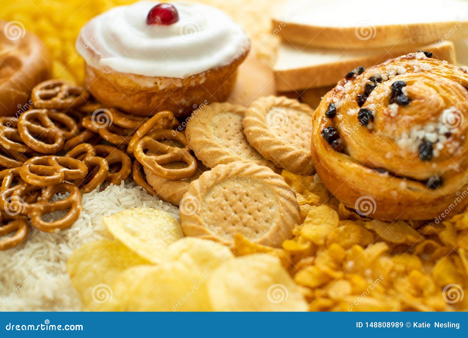 full frame shot of foods containing unhealthy or bad carbohydrates