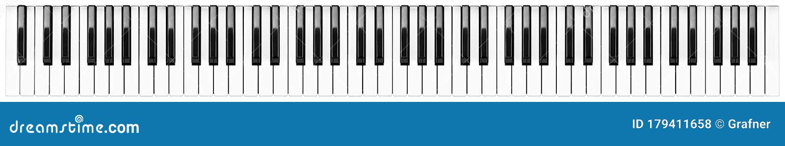 full grand piano 88 black white keys keyboard layout  white wide panorama banner background. classical music symphony