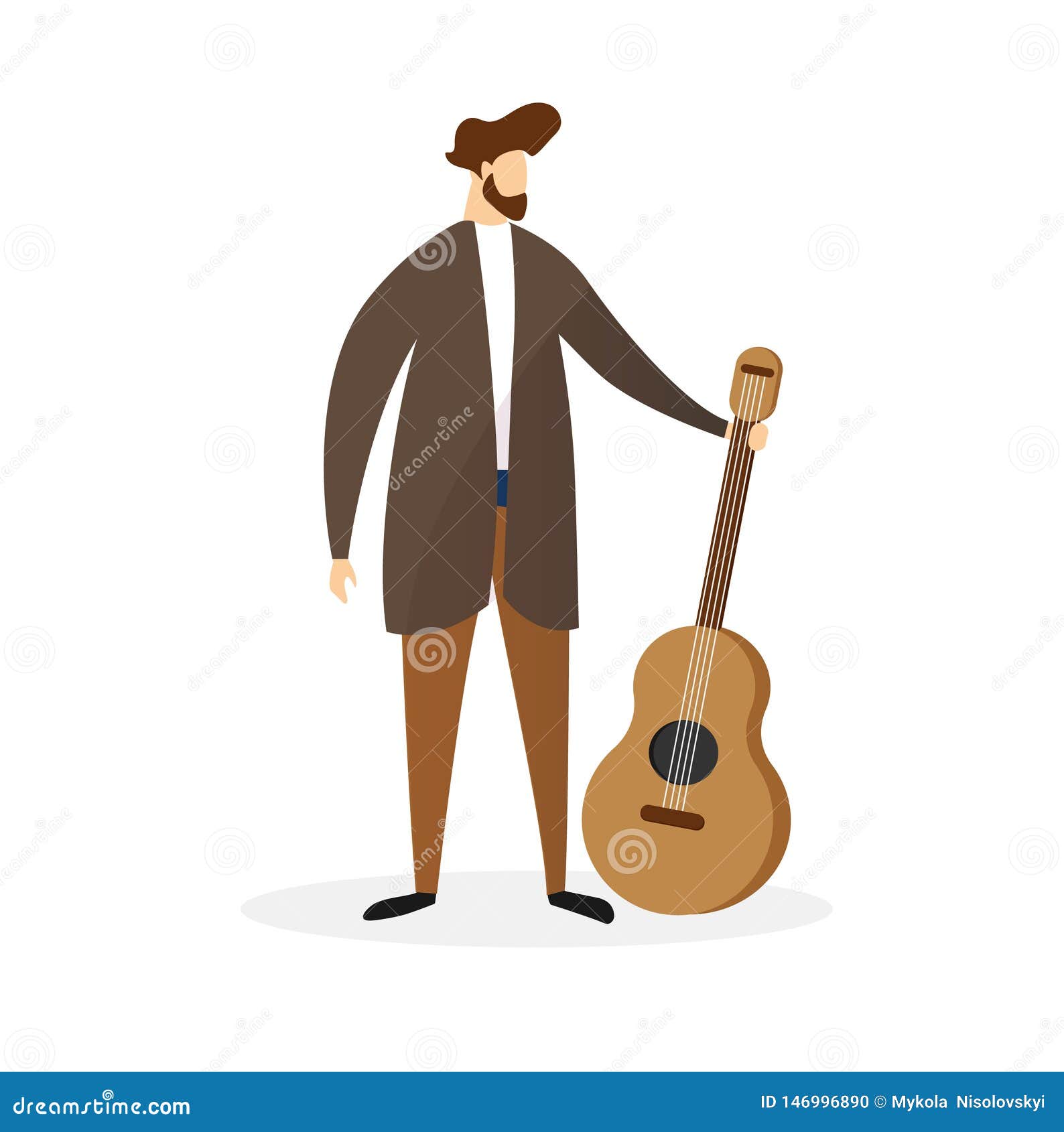 Full Height Bearded Man Holding Acoustic Guitar. Stock Vector ...