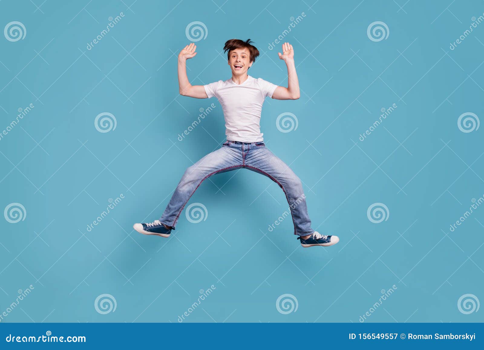 Full Length Body Size Photo of Boy Preparing To Do Splits Right in Air ...
