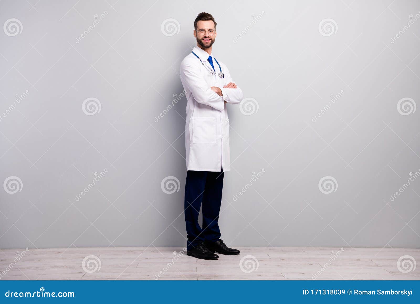 full length body size profile side half-turned view of nice attractive cheerful content doc first aid medicare medico