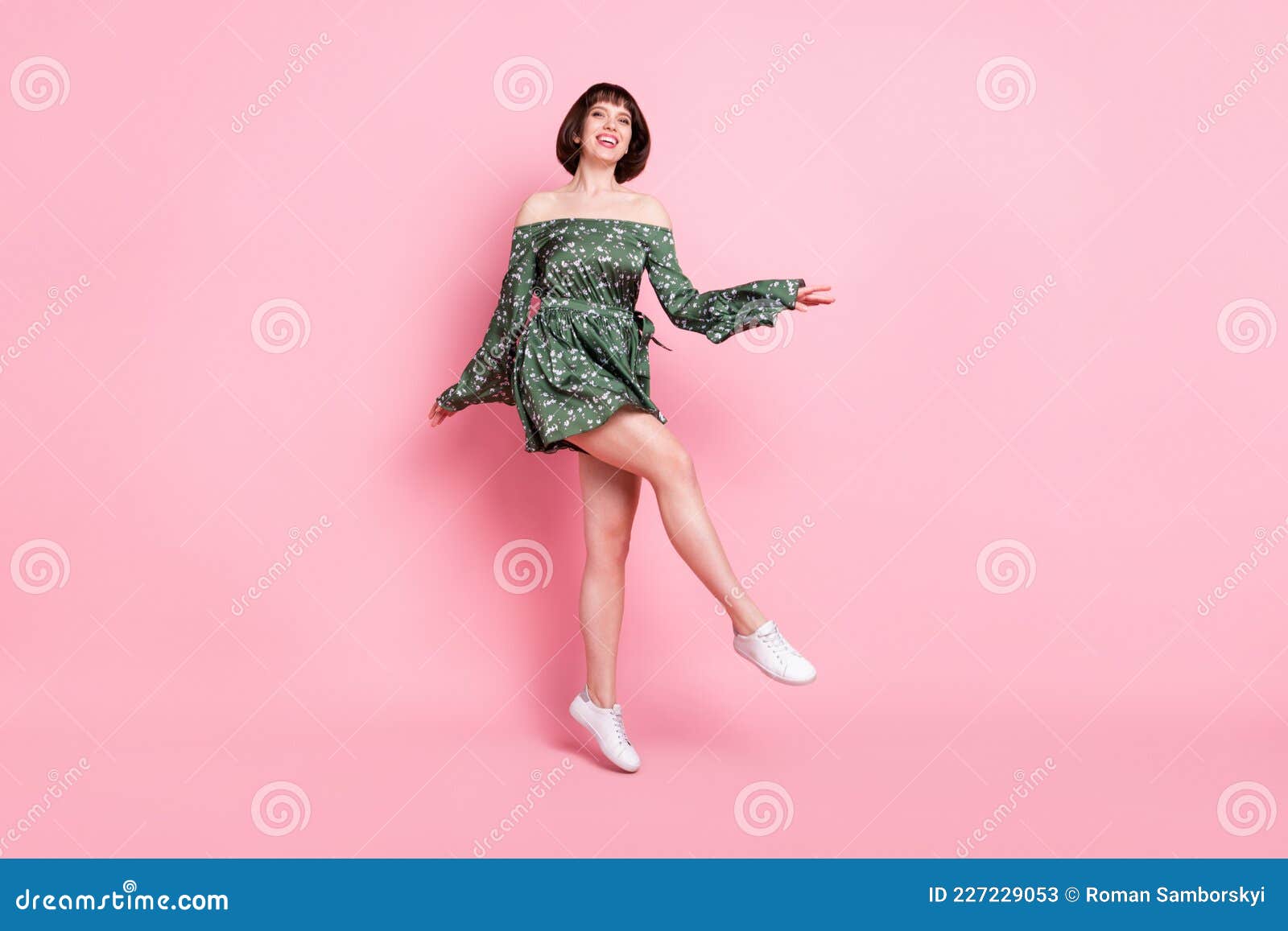 Full Length Body Size View Of Charming Cheerful Girl Jumping Having Fun Isolated Over Pink