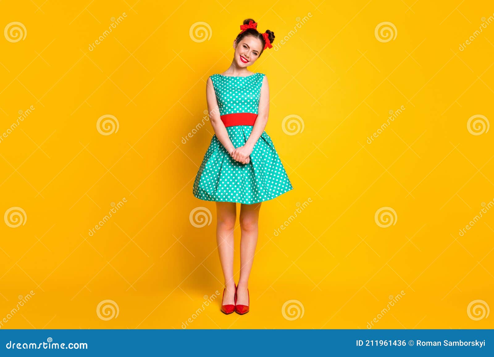 Full Length Body Size View of Charming Cheerful Girl Wearing Teal Dress ...