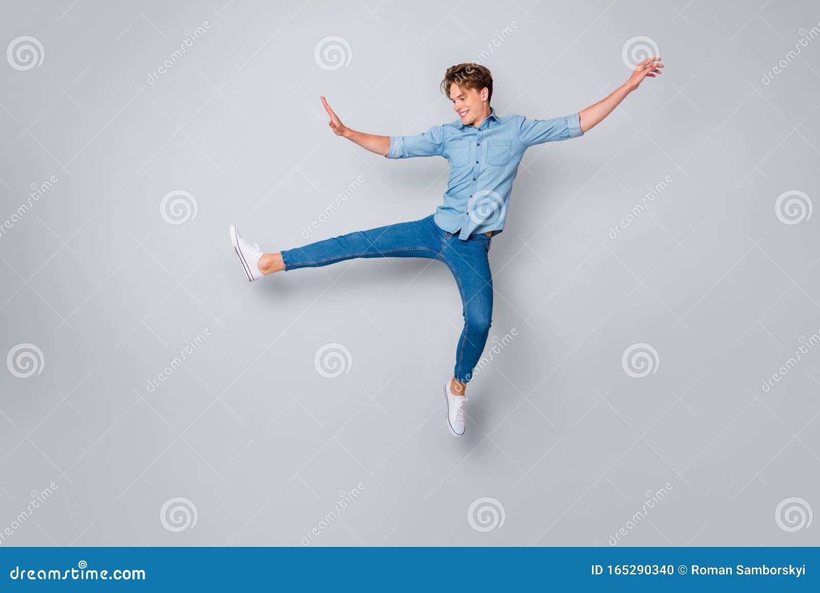 Full Length Photo of Cheerful Candid Man Jump Raise Hands Legs Imagine ...