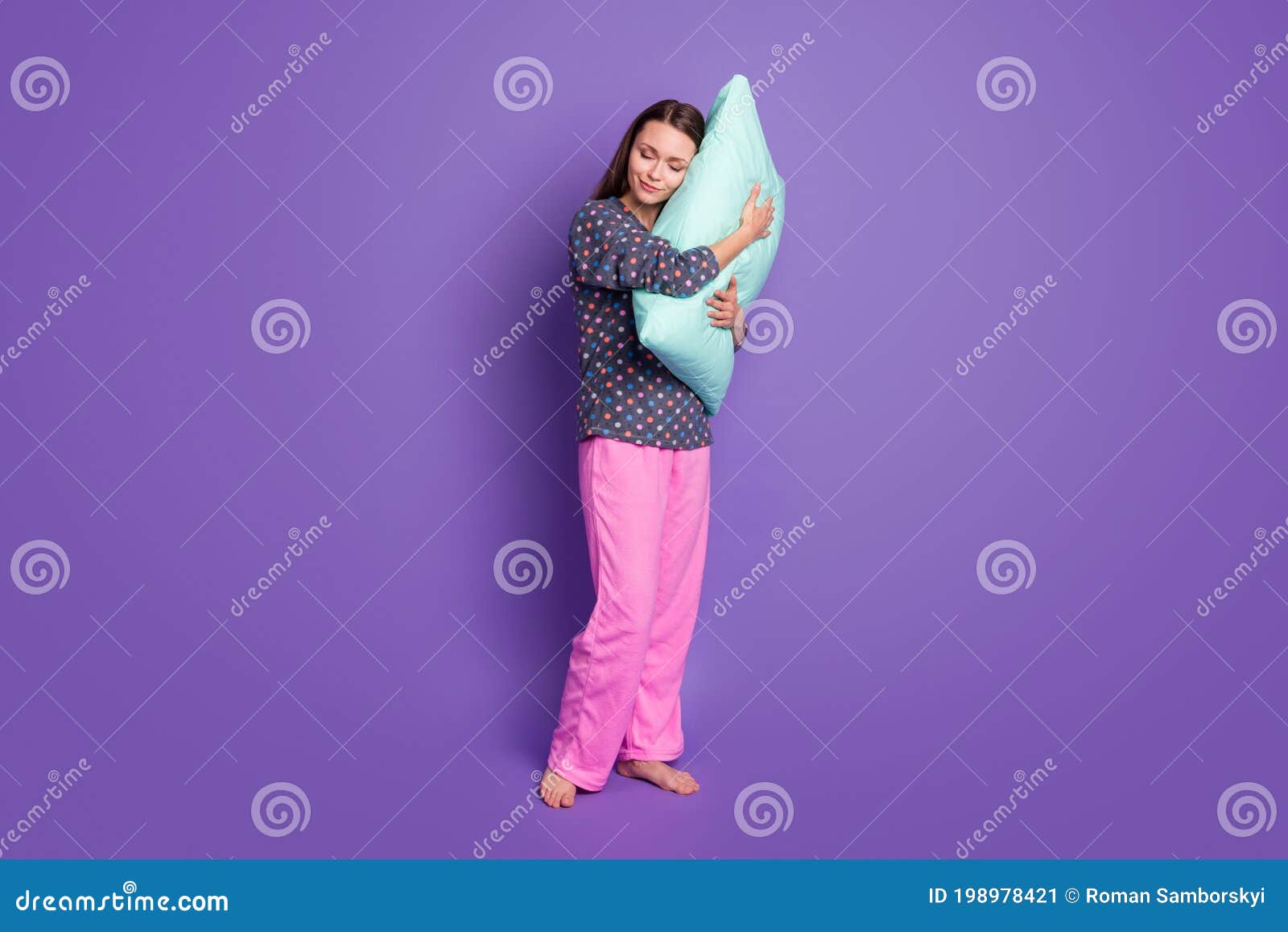 Full Length Photo Of Dream Calm Peaceful Girl Sleep Pillow Wear Dotted Pink Pajama Pants