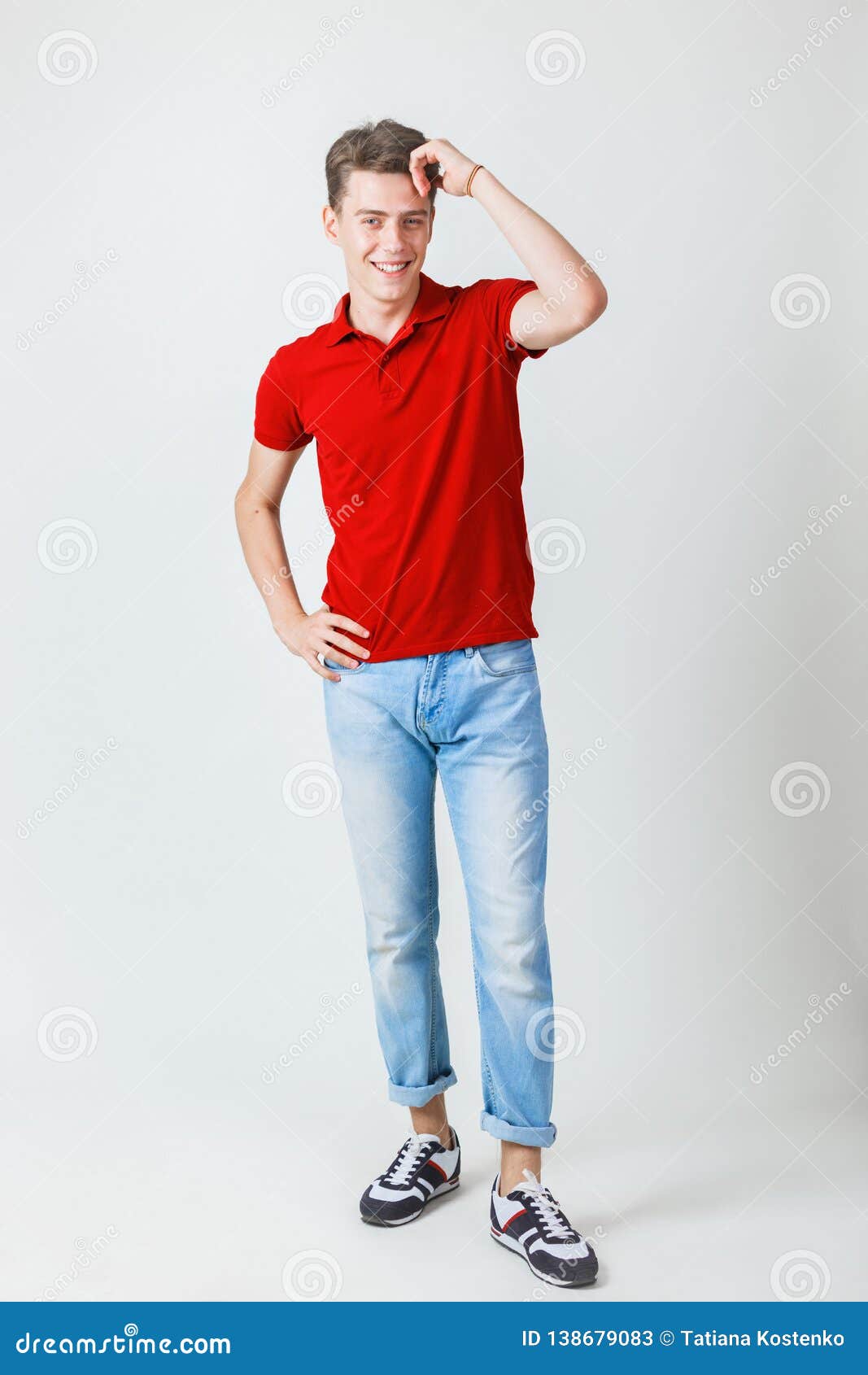 Full Length Photo of Friendly Looking Cheerful European Guy Wearing Red ...