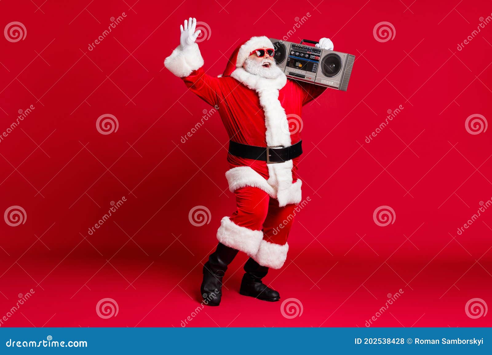 full length photo of pensioner old man white beard raise hand hold retro radio carefree wear x-mas santa costume gloves
