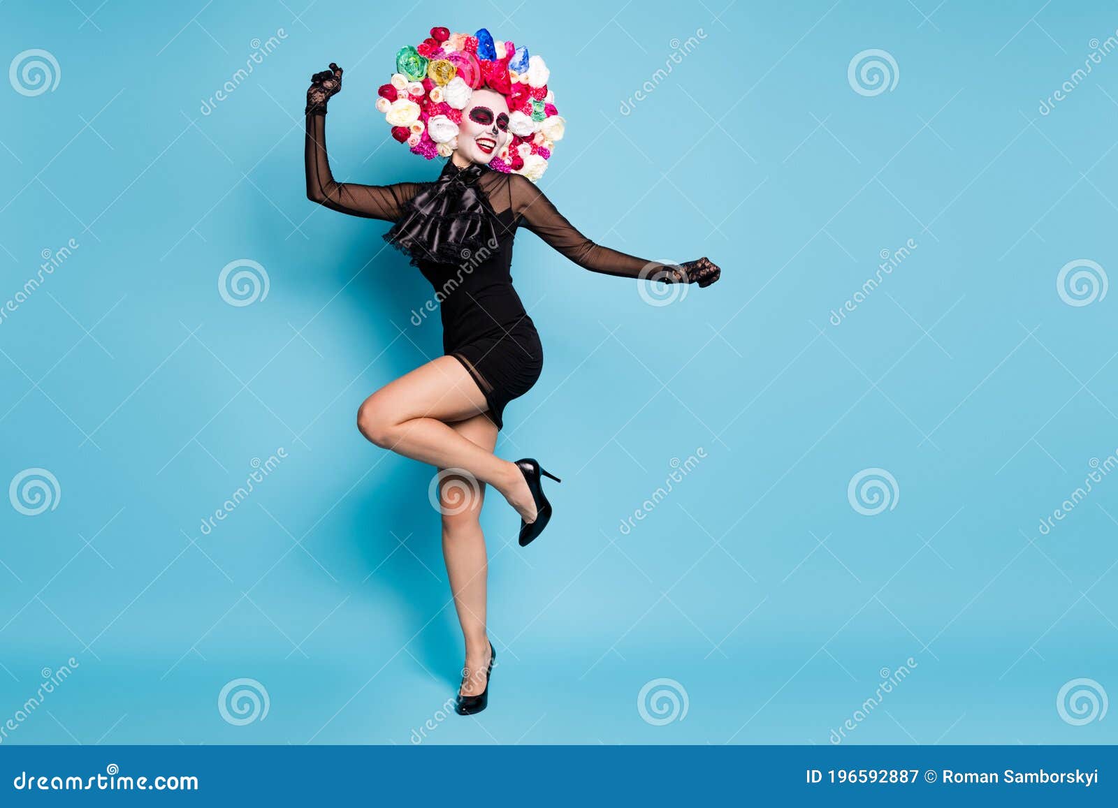 Full Length Photo of Scary Creature Lady Dance Competition Latin Theme  Event Wear Black Lace Short Mini Dress High Heels Stock Image - Image of  masquerade, beautiful: 196592887