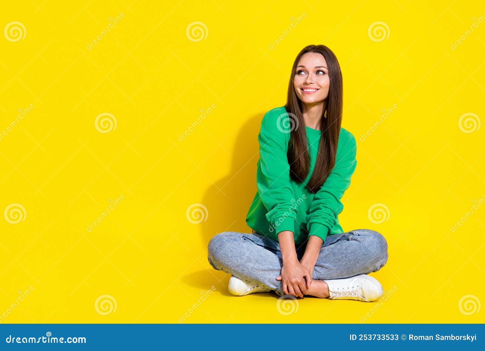 Full Length Photo of Stunning Young Lady Sit Folded Legs Look Empty ...