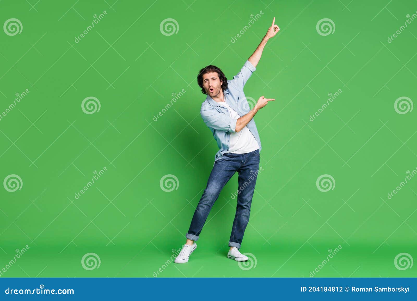 Full Length Photo of Young Stubbled Man Raise Arms Indicate Fingers ...