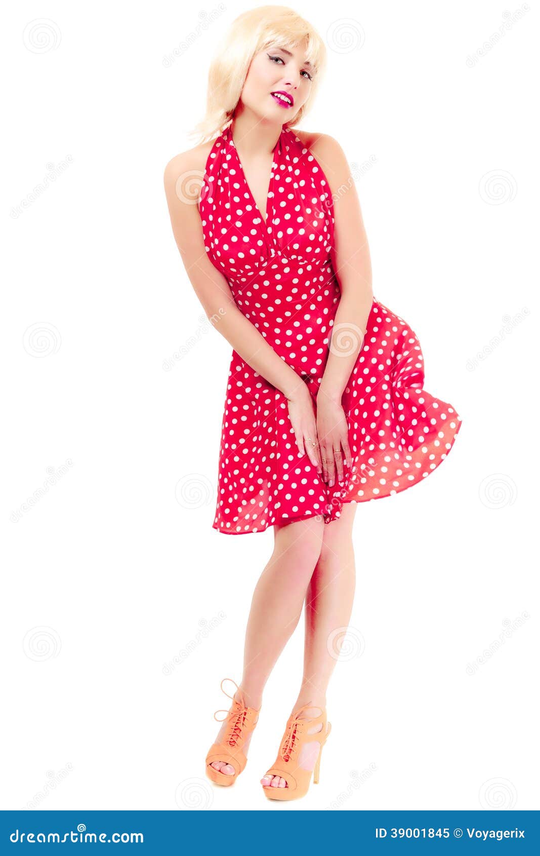 Full Length Pinup Girl in Blond Wig Retro Dress Stock Image - Image of ...