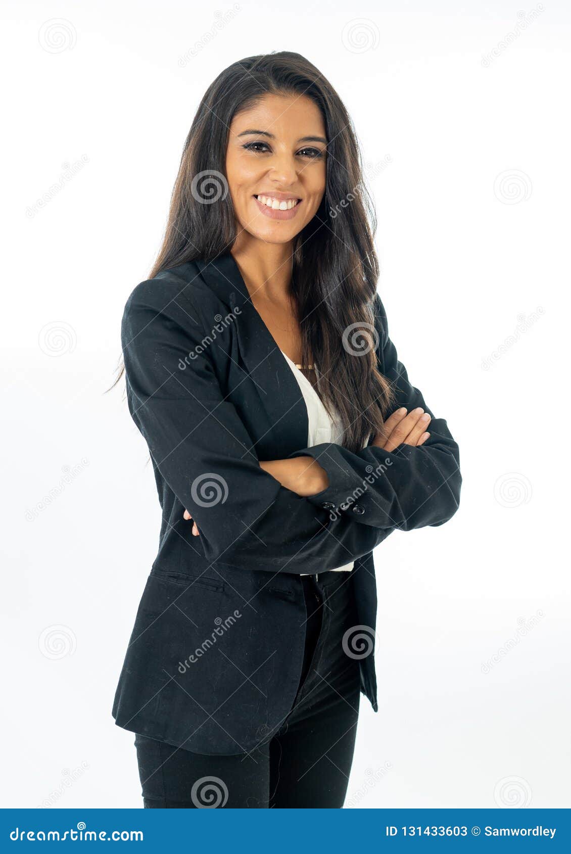 full length portrait of attractive latin corporate latin woman looking confident happy and successful in entrepreneur creative