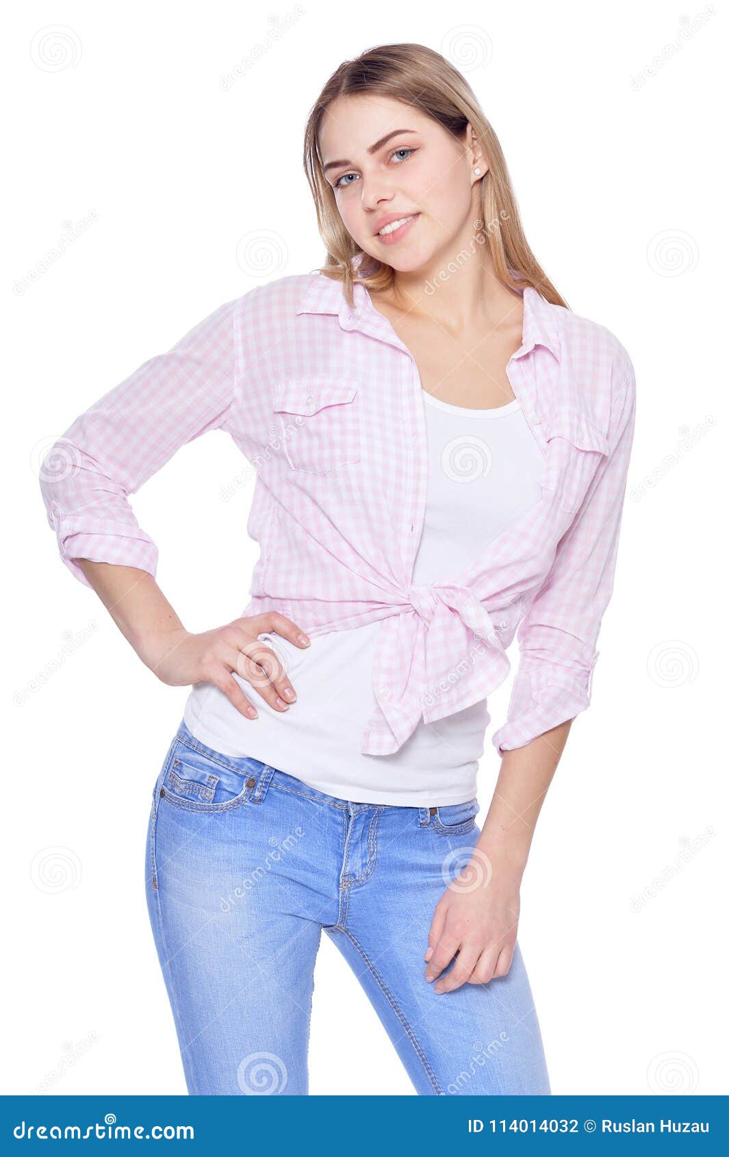 Beautiful Woman in Jeans Posing Stock Photo - Image of cheerful, health ...