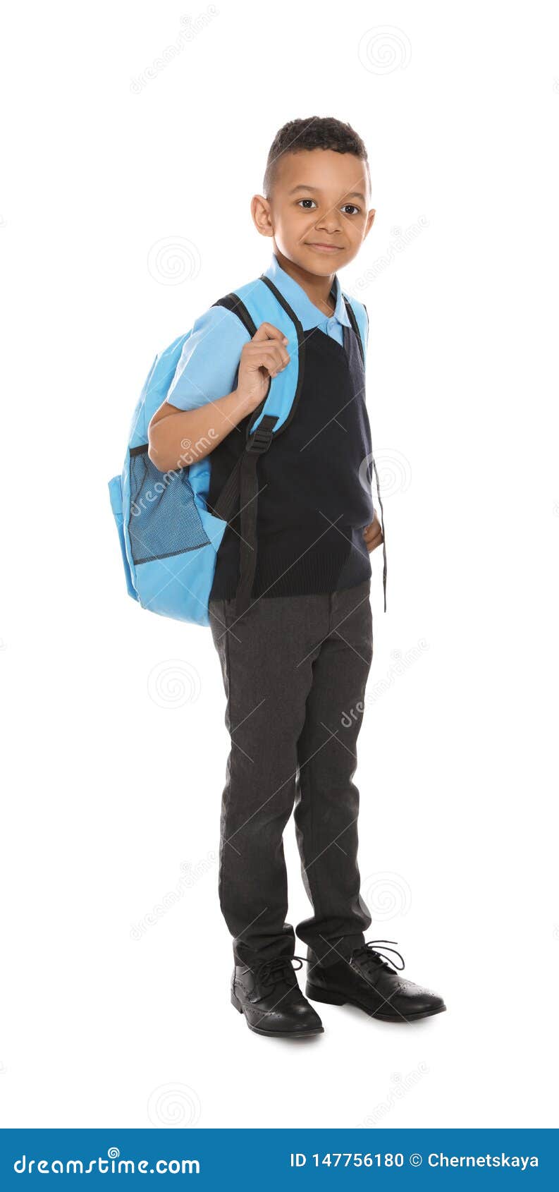 Download Full Length Portrait Of Cute African American Boy In School Uniform With Backpack On White Stock Photo Image Of Length Child 147756180