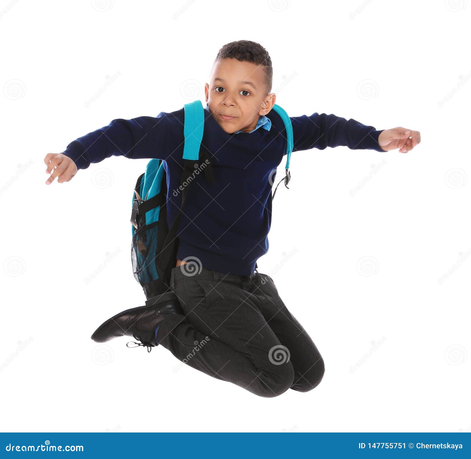 Download Full Length Portrait Of Cute African American Boy In School Uniform Jumping On White Stock Image Image Of Clothes Beautiful 147755751
