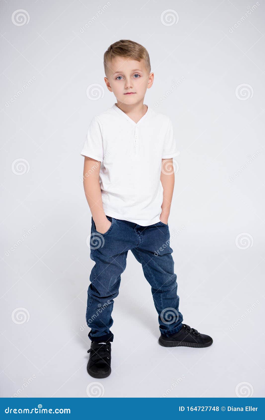 Full Length Portrait of Cute Little Boy Posing Over White Stock Photo ...