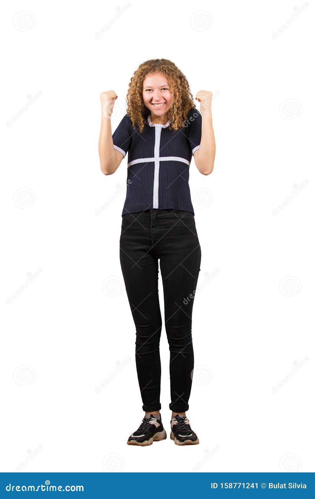 Full Length Portrait Of Excited Teen Girl Curly Hair