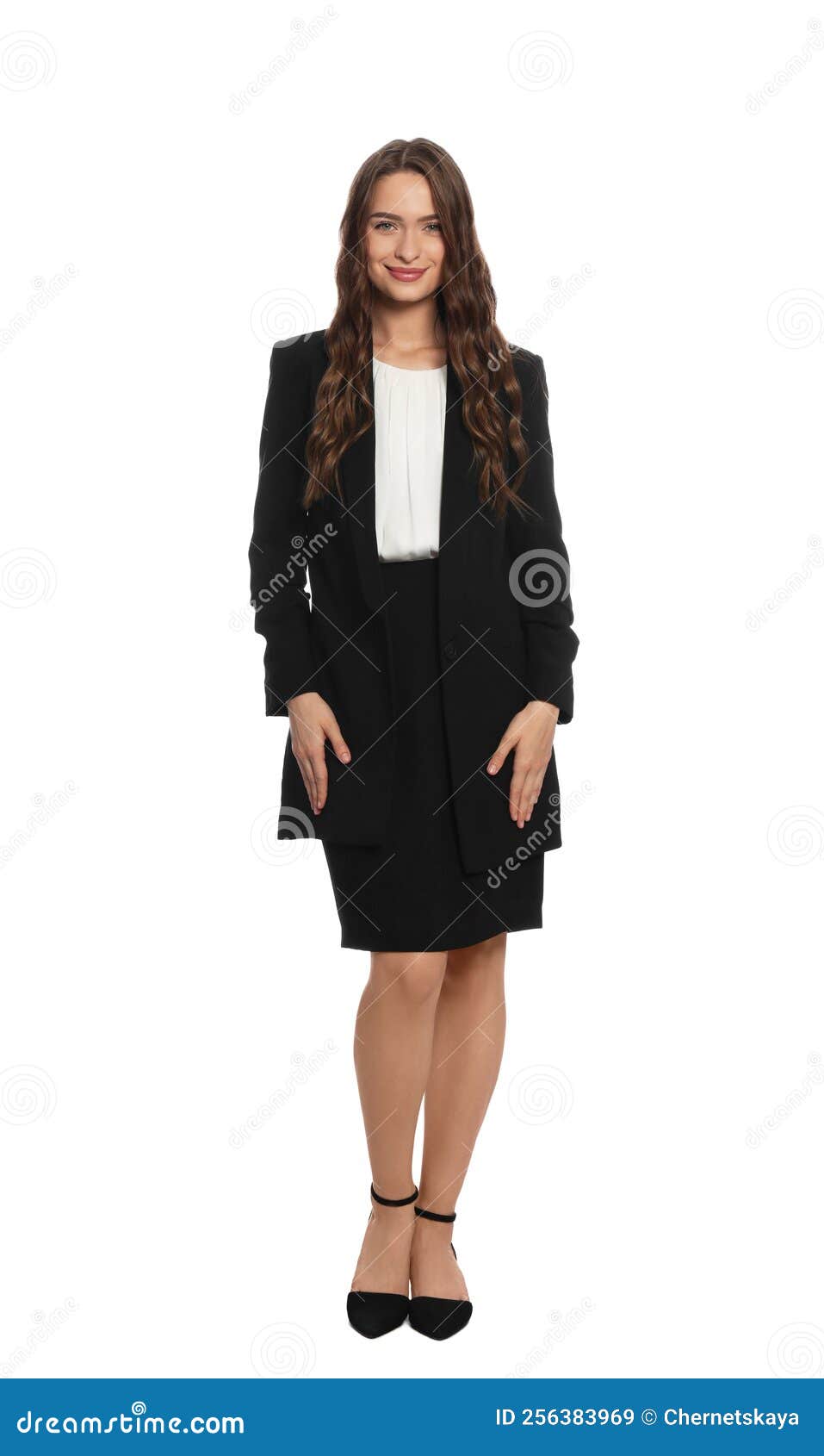 Full Length Portrait of Hostess in Uniform on White Background Stock