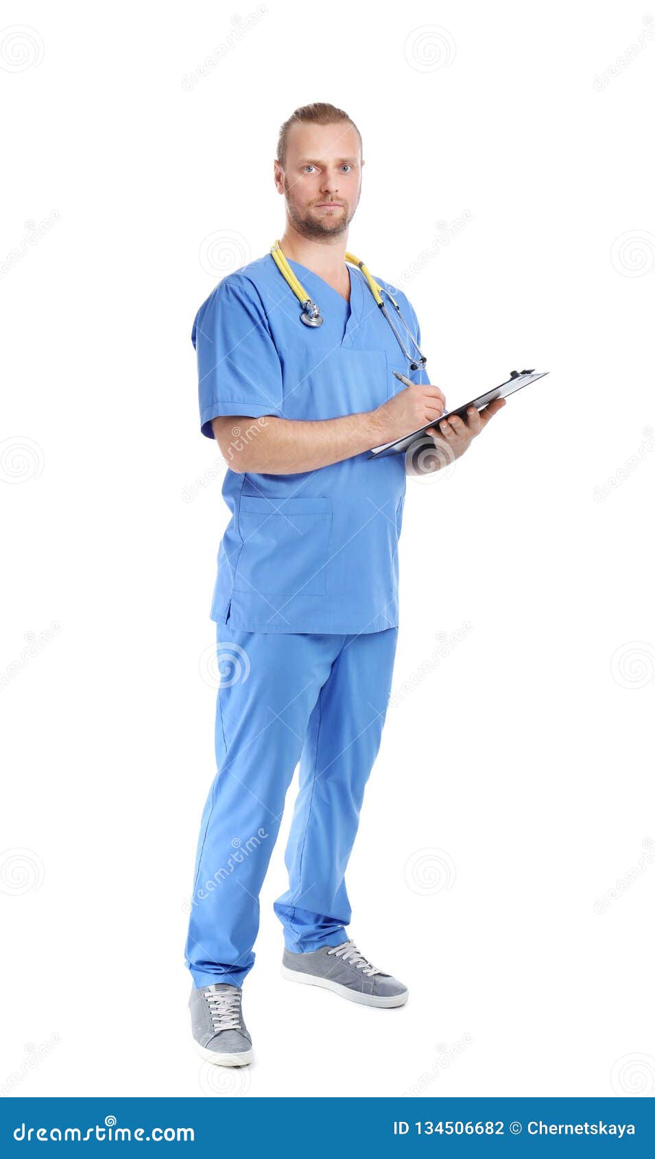 Full Length Portrait Of Medical Assistant With Stethoscope