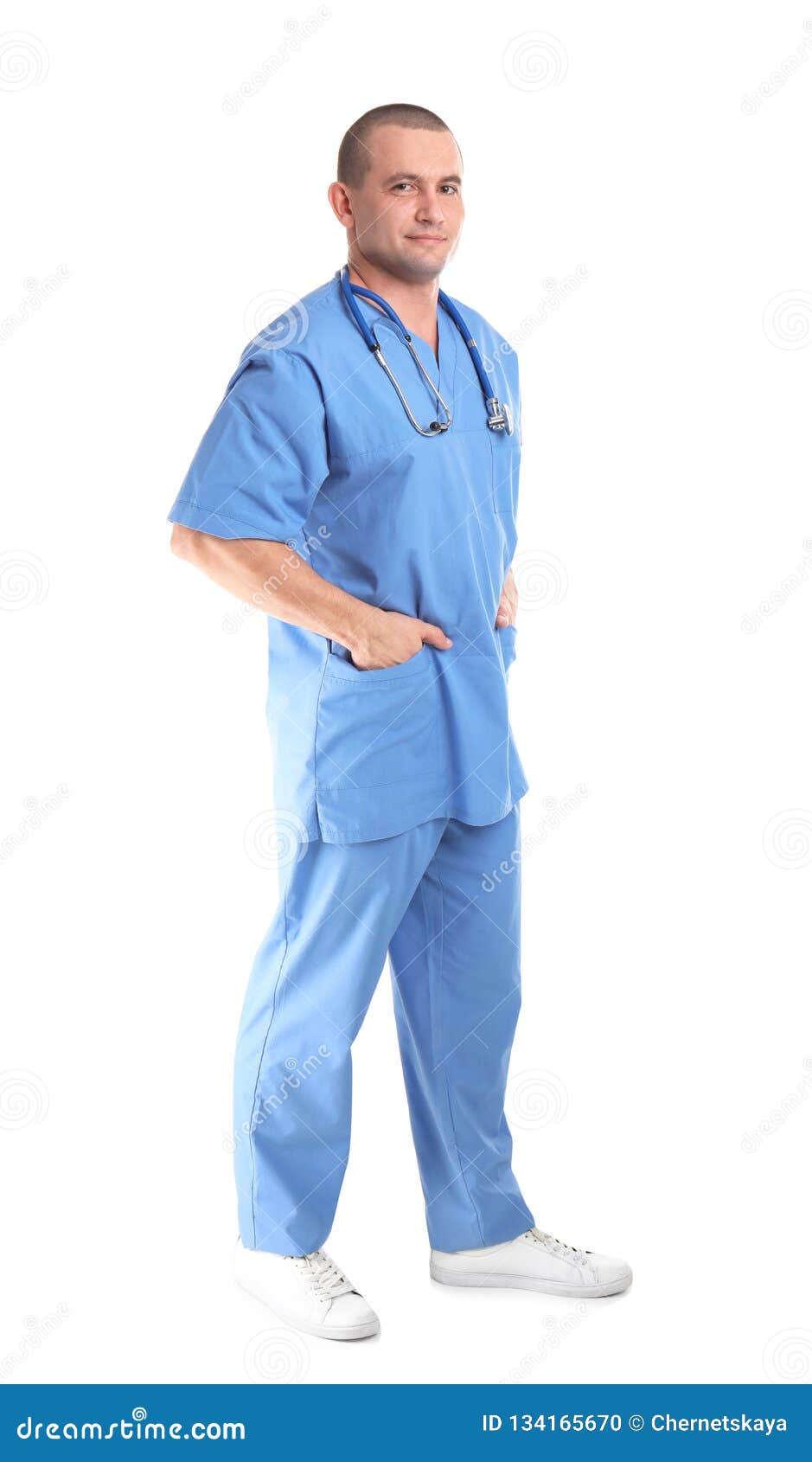 Full Length Portrait Of Medical Assistant With Stethoscope