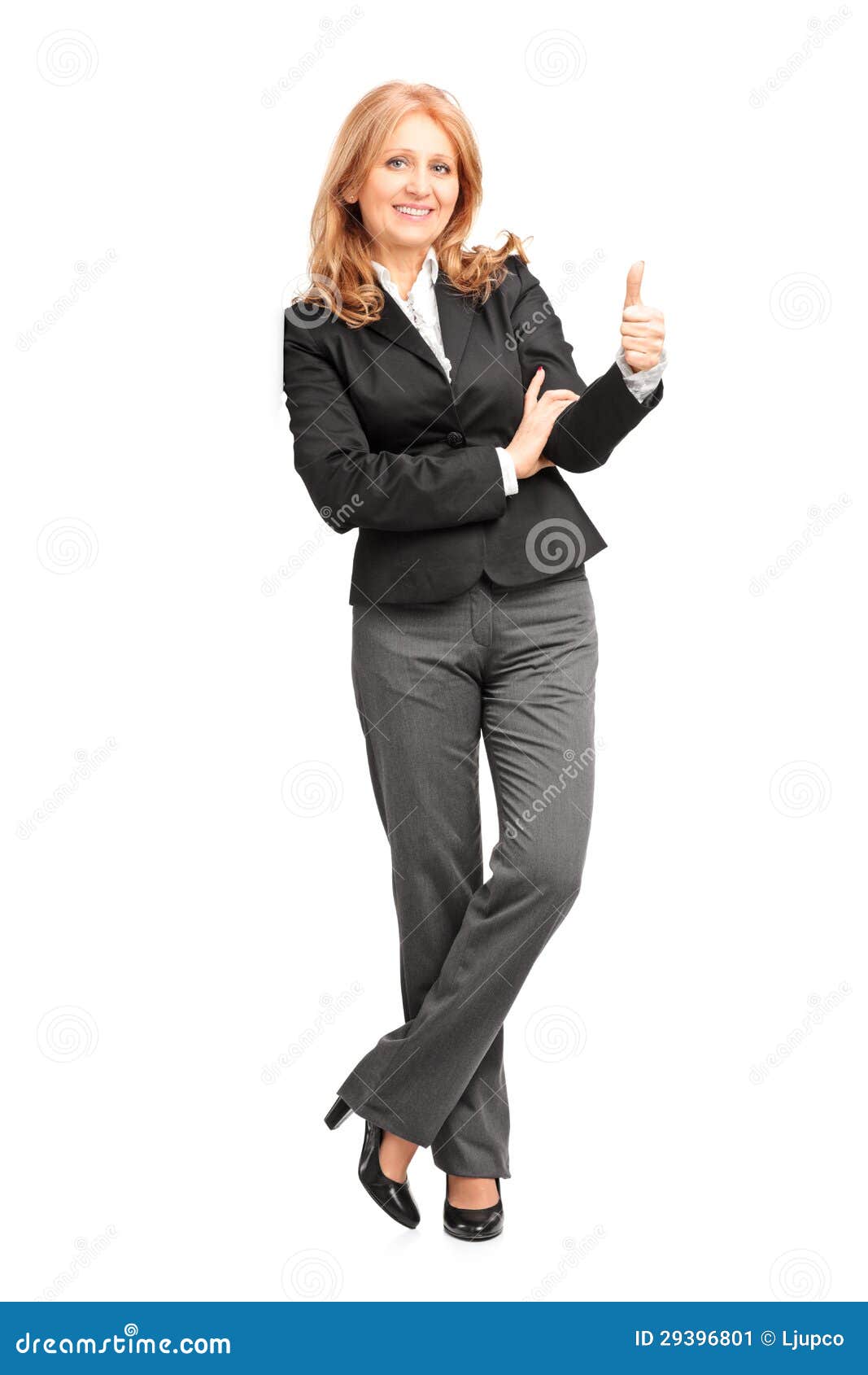 Full Length Portrait of a Smiling Businesswoman Leaning on Wall Stock ...