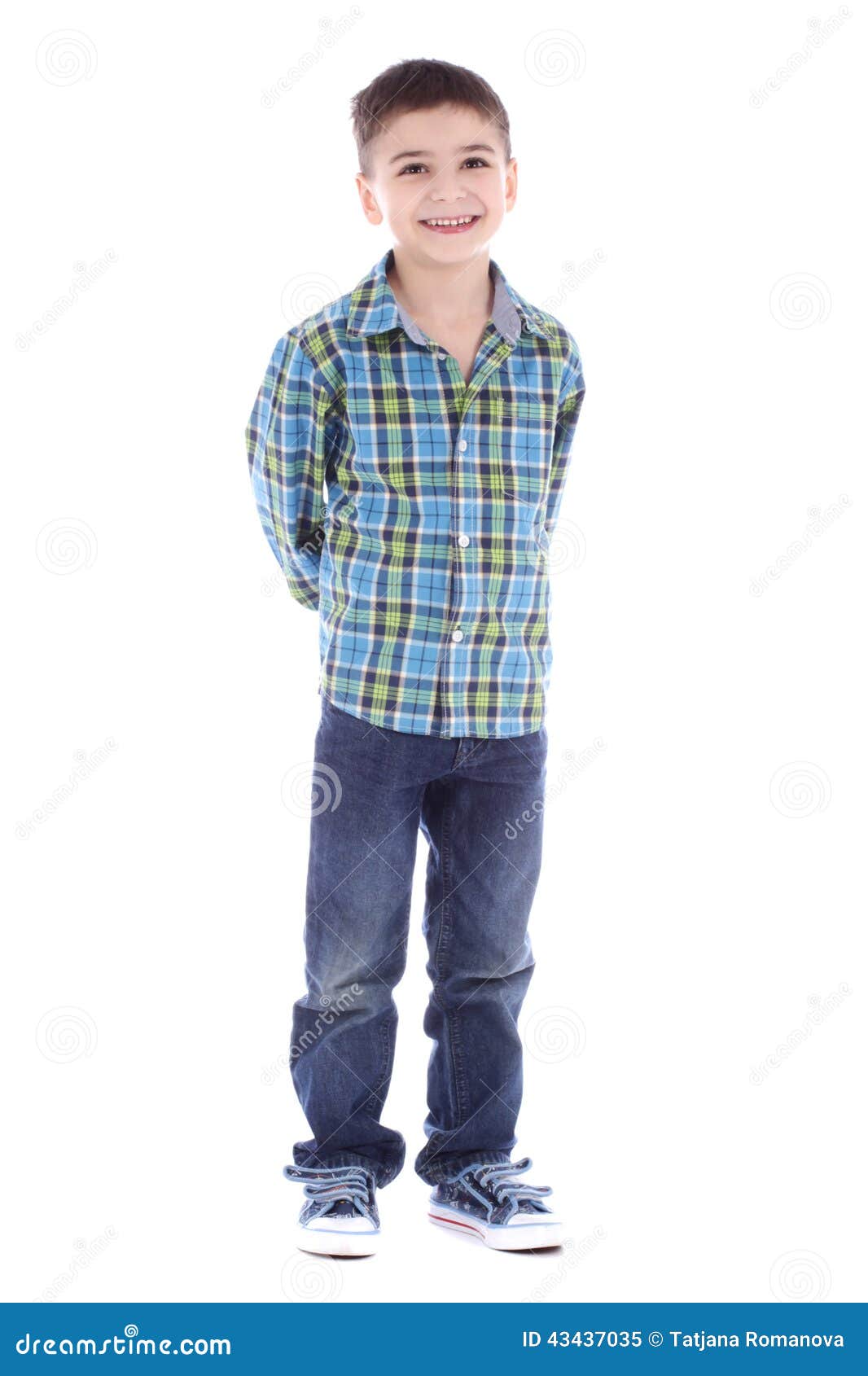 Full Length Portrait Of Smiling Little Boy In Jeans And Cup Stock Image ...