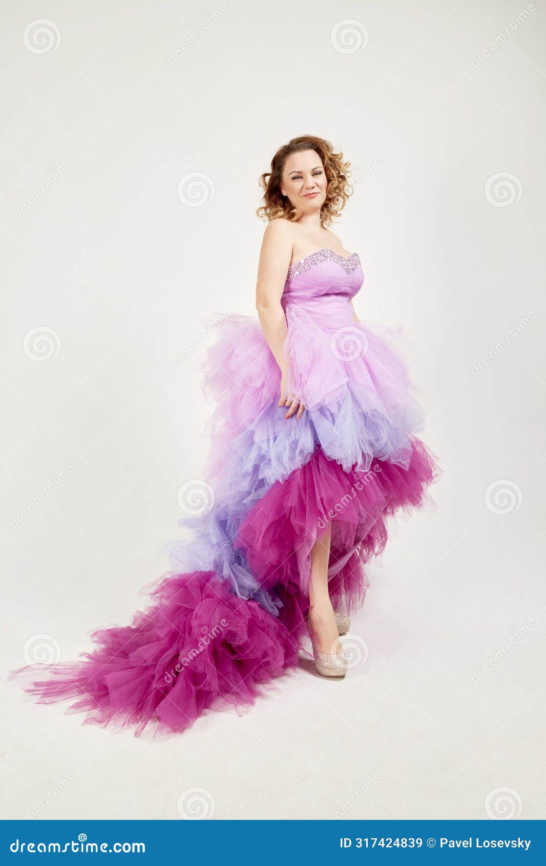 full-length portrait of smiling woman in a fluffy