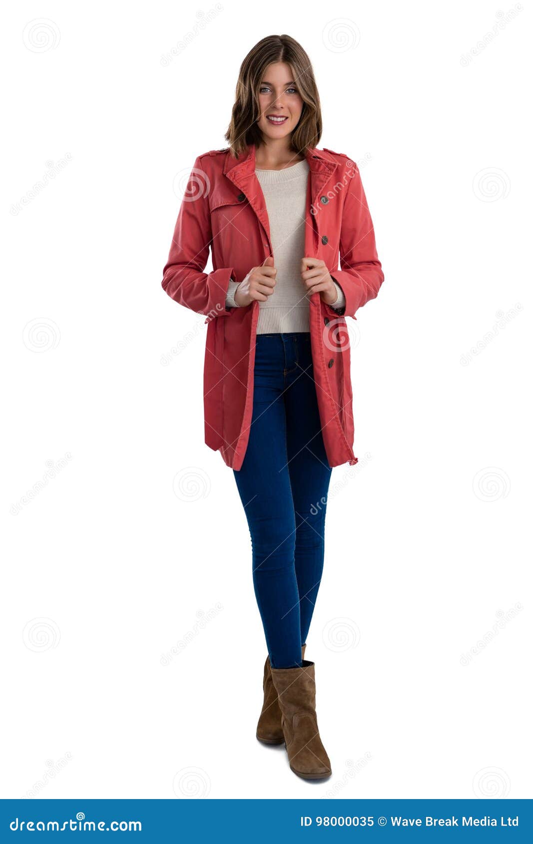 Full Length of Portrait of Smiling Young Woman Wearing Warm Clothing ...