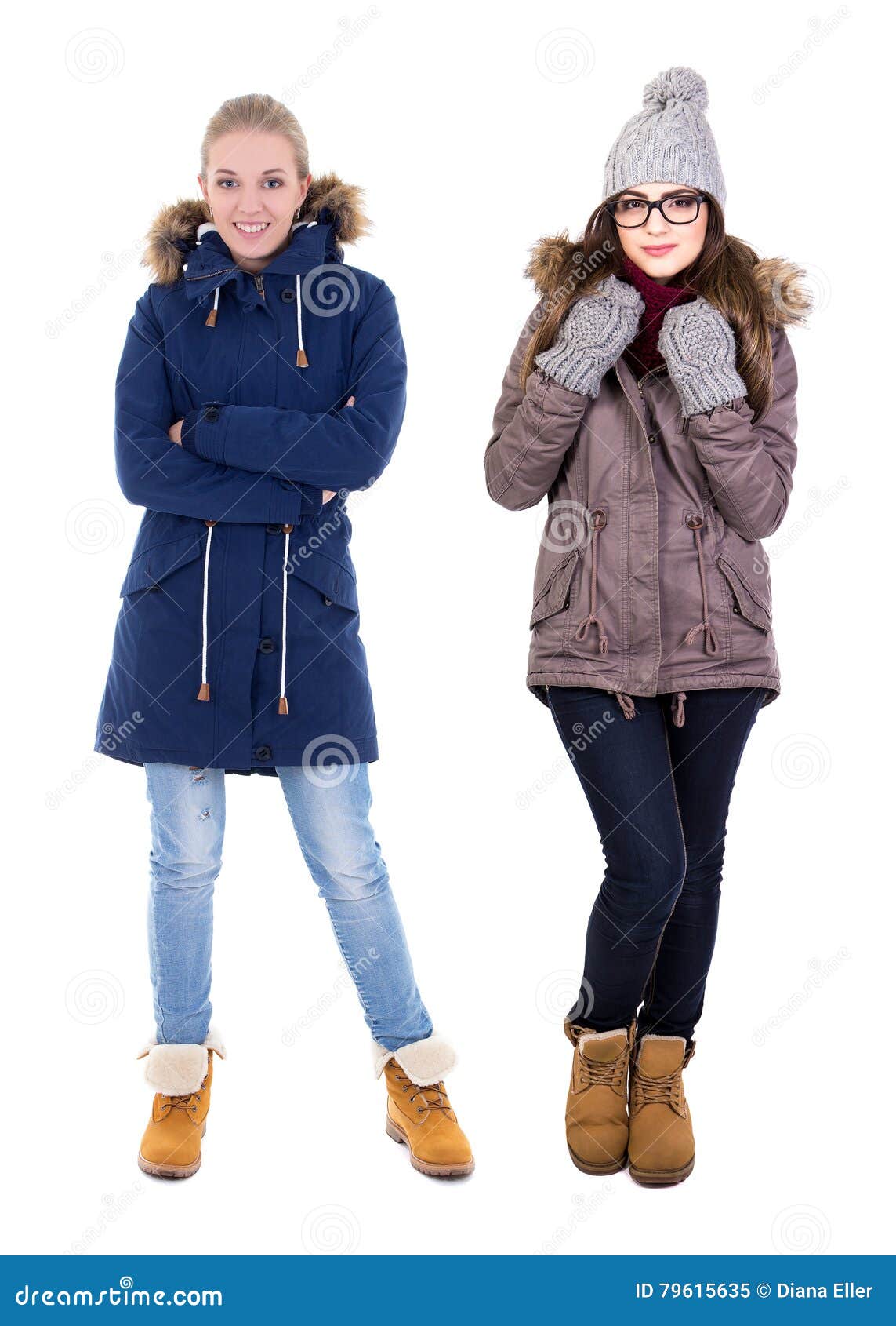 Full Length Portrait of Two Young Women in Winter Clothes Isolated on White  Stock Image - Image of caucasian, glasses: 79615635