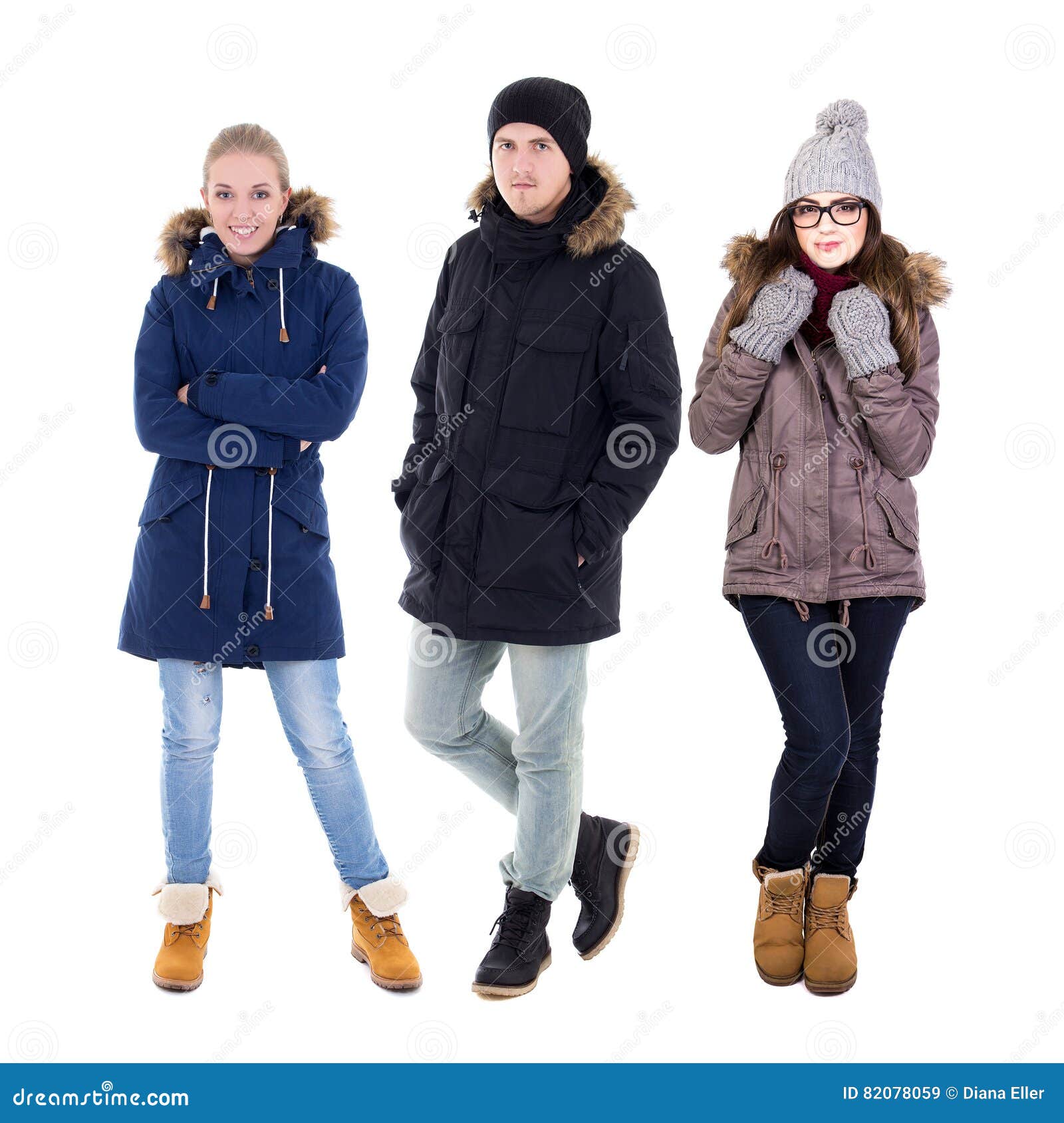 Full Length Portrait of Young Man and Two Women in Winter Clothe Stock ...