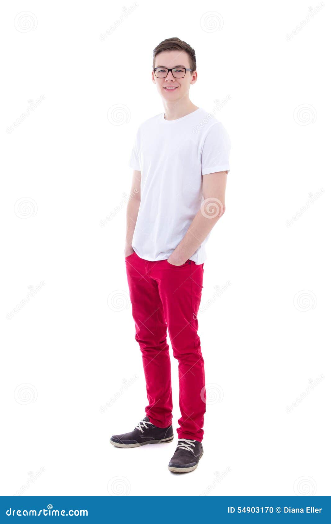 Full Length Portrait of Young Man in White T-shirt Isolated on W Stock ...