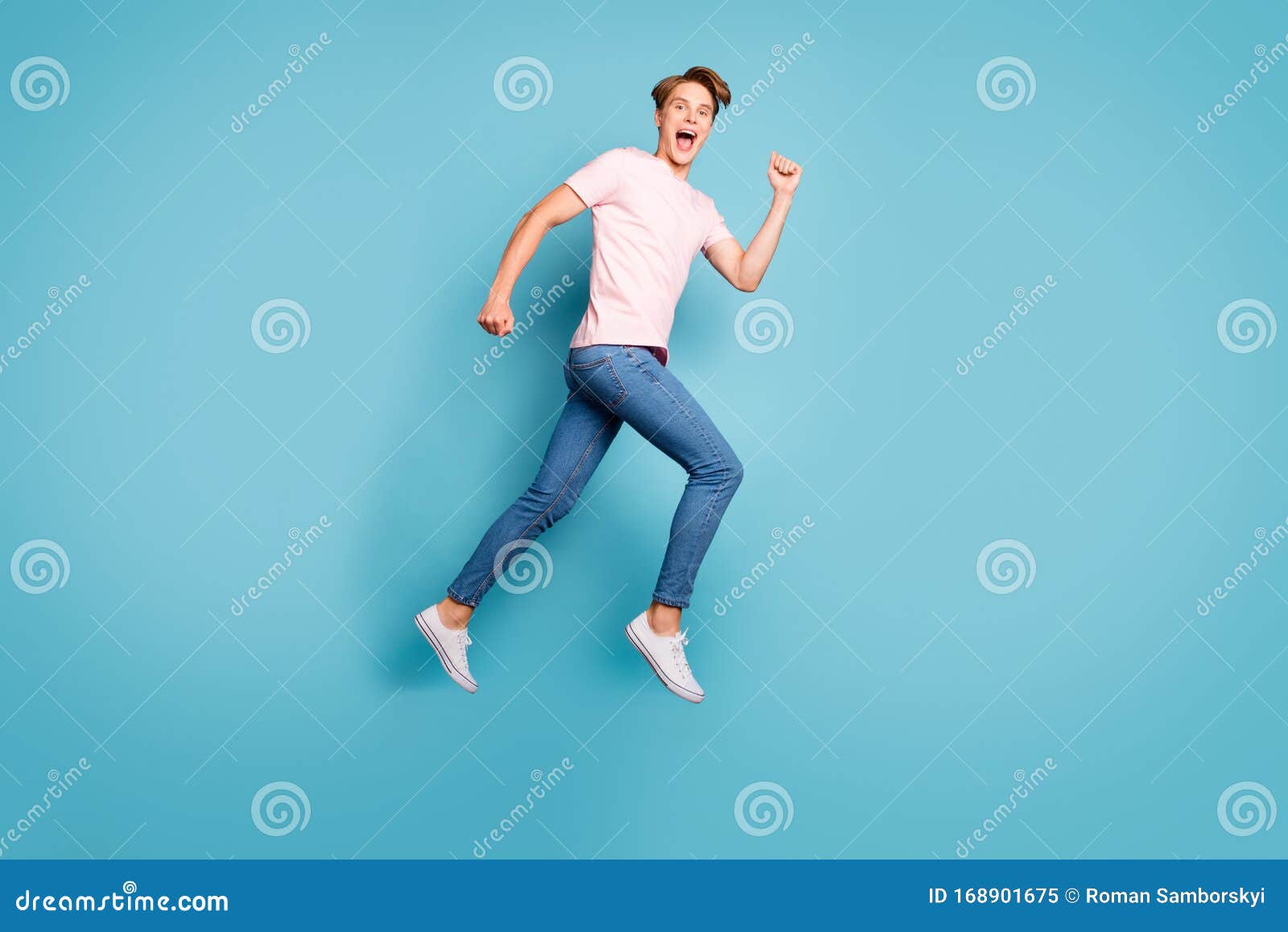 Full Length Profile Photo of Funny Guy Jumping High Up Rushing Shopping ...