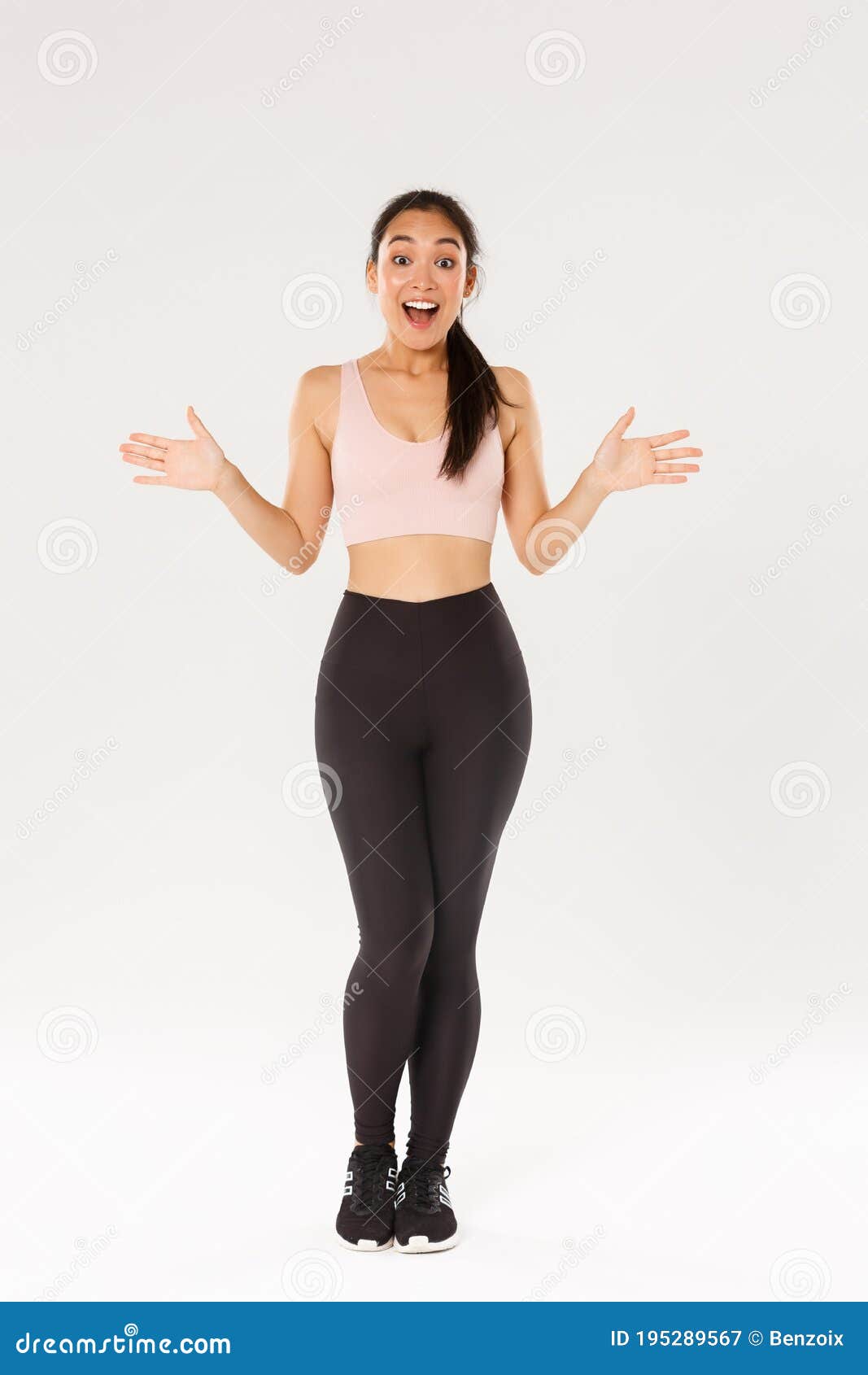 Full Length of Surprised and Amazed Female Athelte, Asian Fitness Girl in  Sportsbra and Leggings Looking Wondered Stock Image - Image of  advertisement, face: 195289567