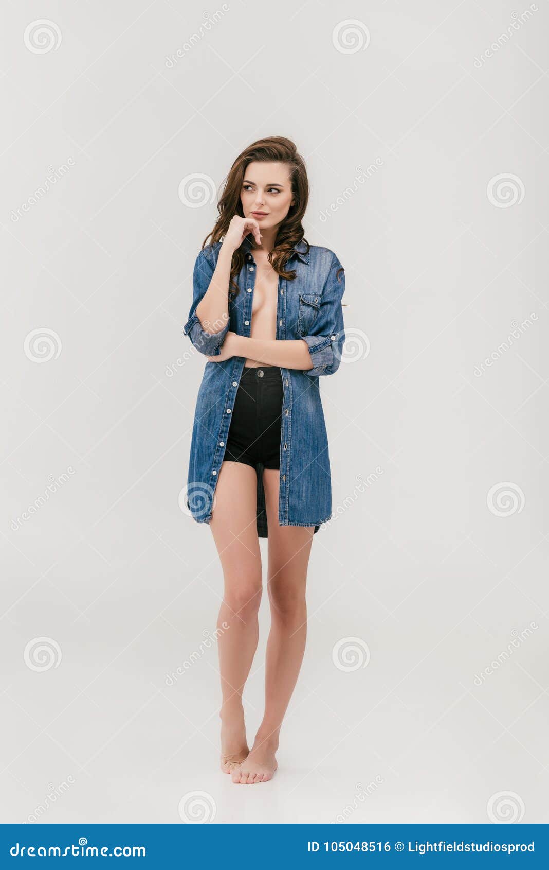 Pensive Girl in Denim Shirt Stock Photo - Image of style, pretty: 105048516