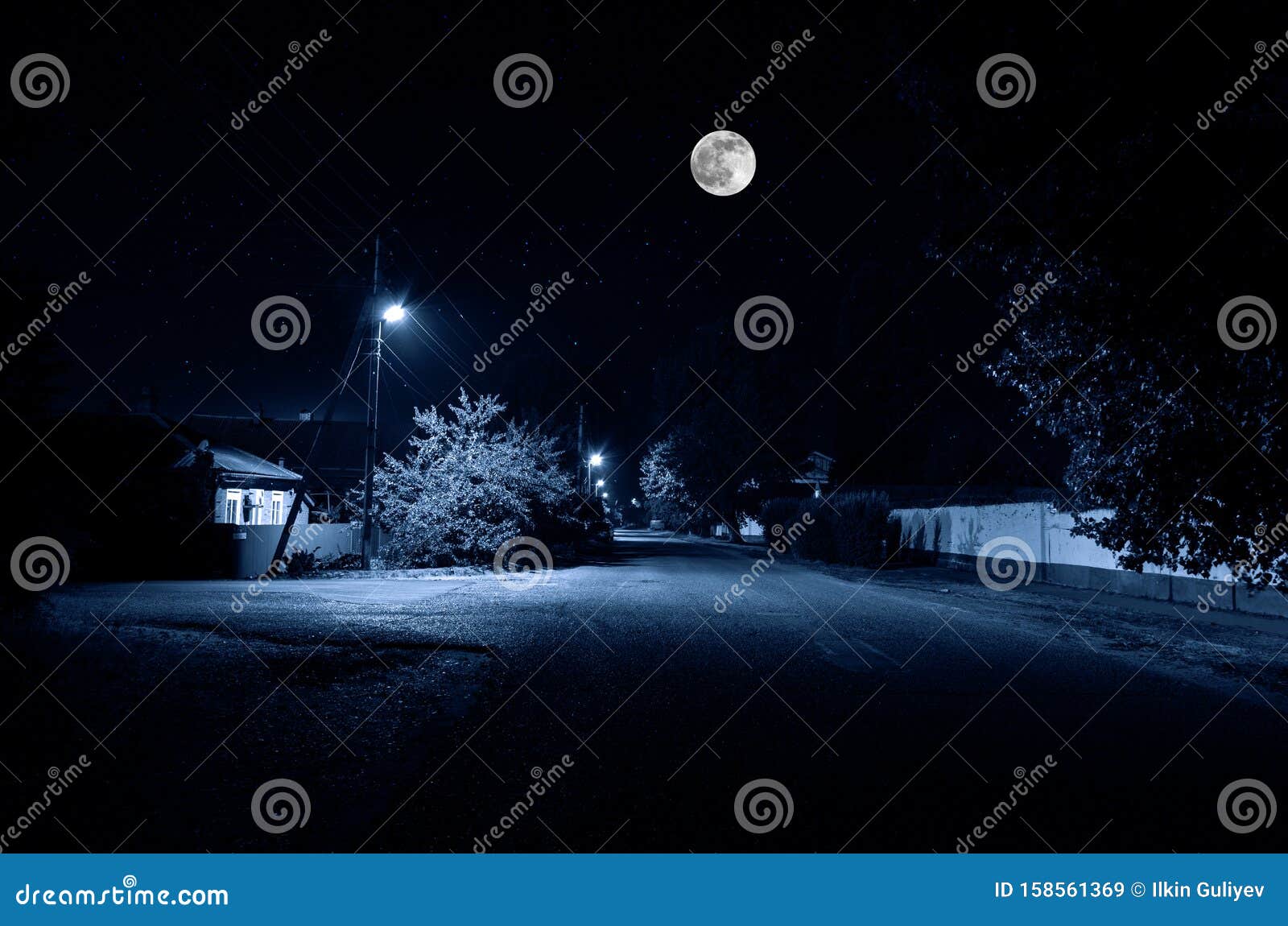 Full Moon Over Quite Village at Night. Beautiful Night Landscape ...