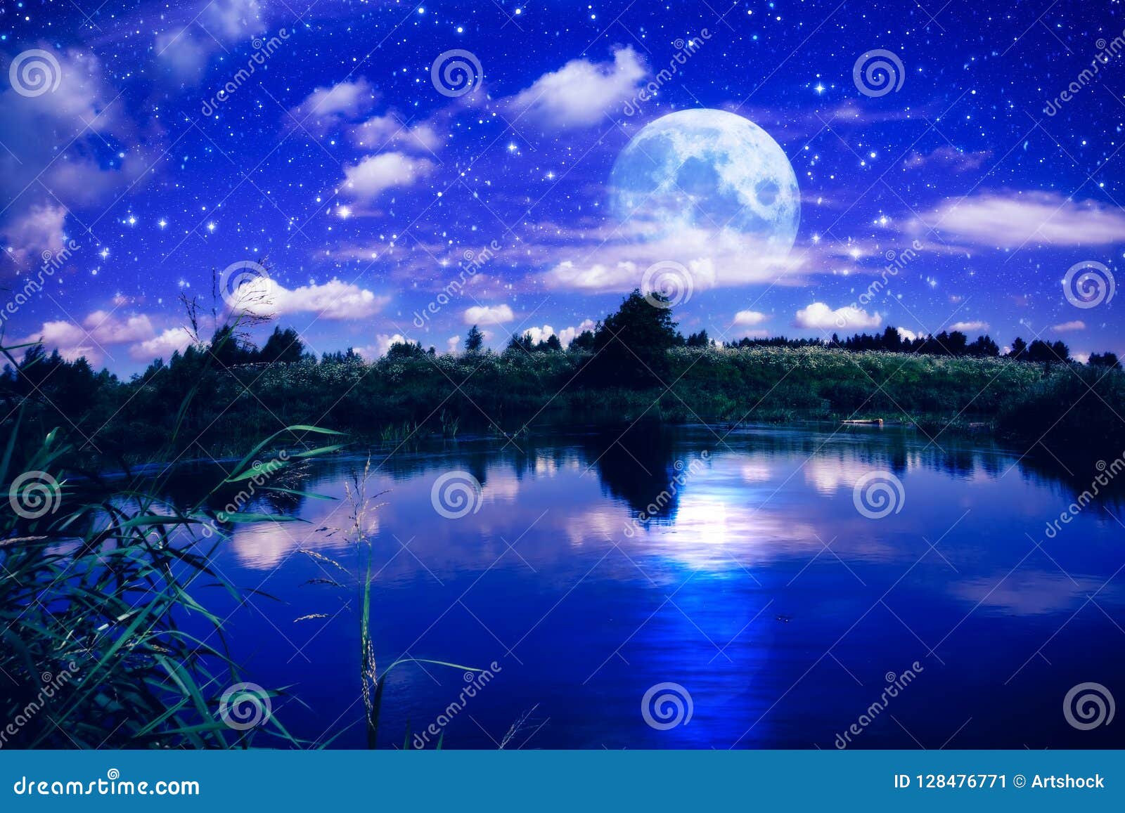 Full moon over river stock image. Image of evening, blue - 128476771