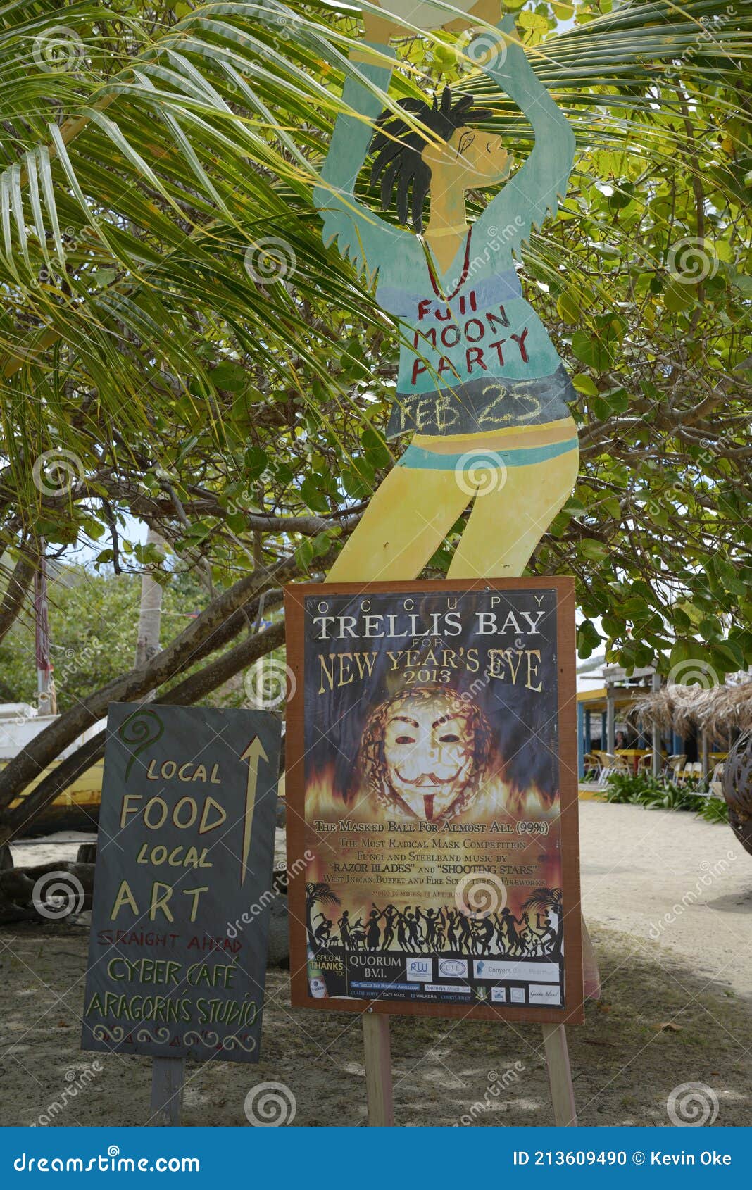 Full Moon Party Sign and New Year`s Eve Sign at Trellis Bay, Beef