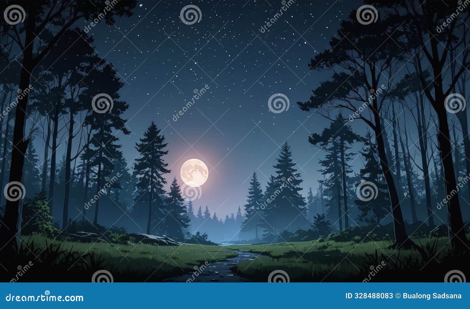 full moon shines brightly in serene forest, casting soft glow on the surrounding trees and winding path in