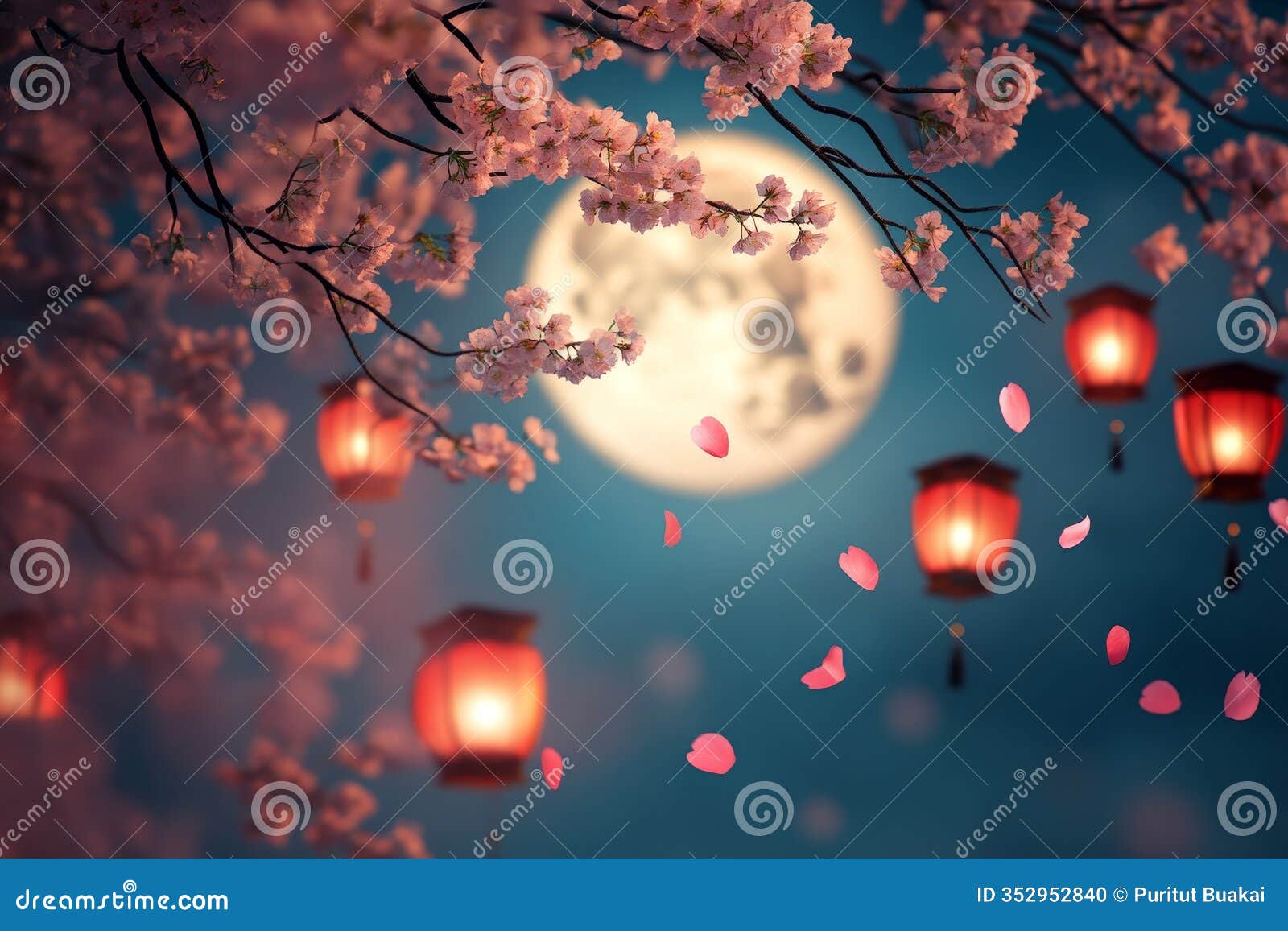 the full moon shone brightly beneath. the shadows of cherry blossoms and lanterns sway at night.