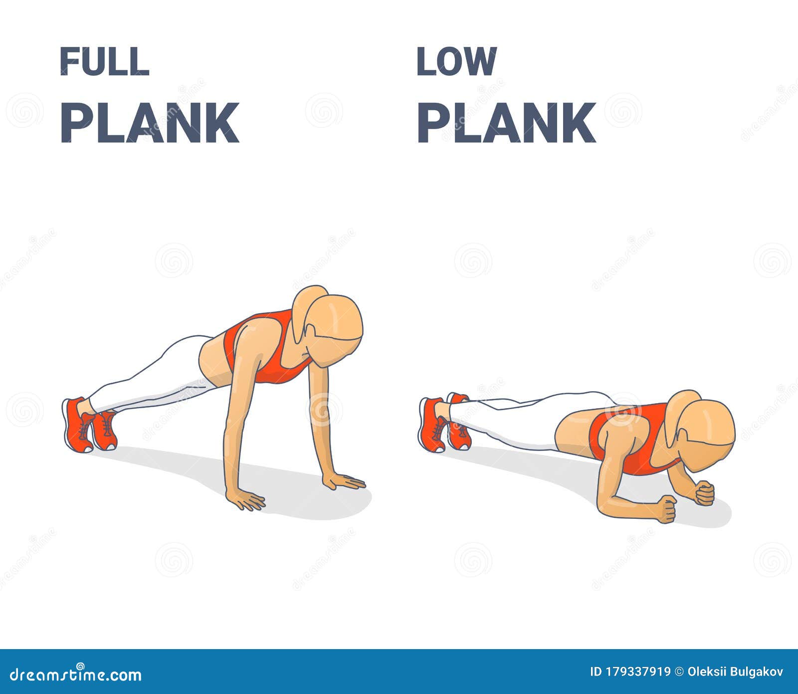 full plank and elbow plank girl workout exercises concept.