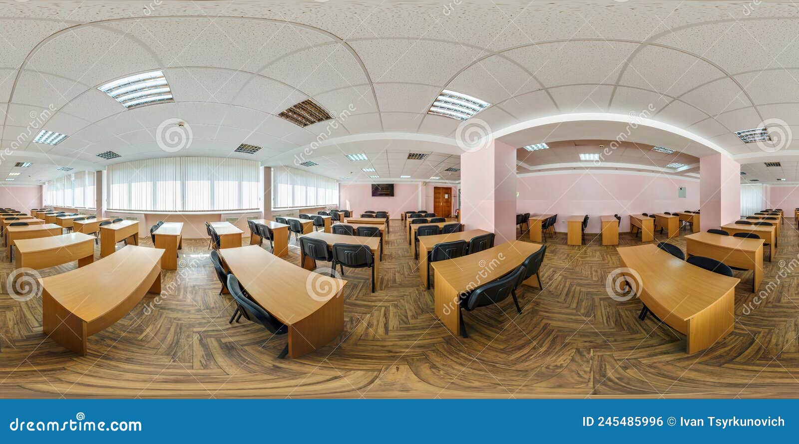 full seamless spherical hdr 360 panorama view in modern empty classroom, conference and lecture hall in equirectangular projection